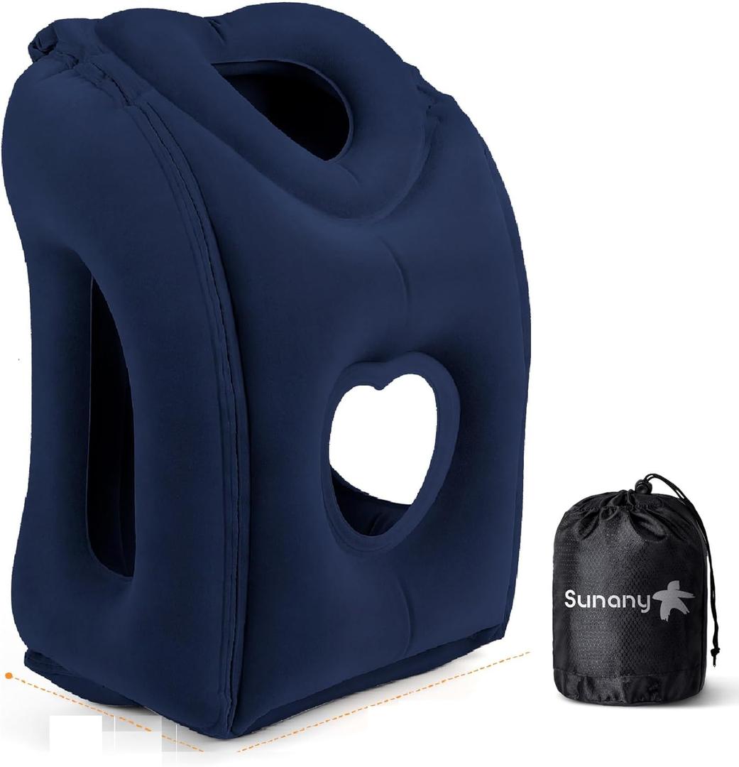Sunany Travel Pillow, Upgraded Plane Pillow for Long Flights, Inflatable Neck Pillow Used for Airplanes,Cars,Buses,Trains,Office Napping with Eye Mask,Earplugs (Blue)