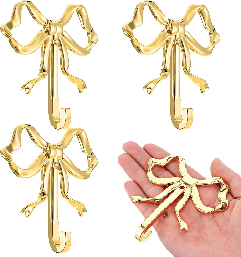 4 Packs Large Size Gold Bow Wall Hook, Gold Coat Hook, Metal Hooks, Bow Room Decor Hooks for Coats, Coffee Mugs, Hats, Bags, Bath Towels and Room Decorations