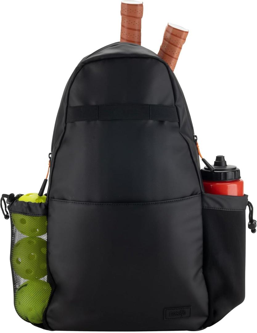Masaya Compact Pickleball Sling Bag  18L, Fits 3 Paddles  Lightweight, Durable, Water-Resistant, Minimal Branding, Fence Hook, Water Bottle Holder, Multi-Pocket, Adjustable Strap (Black)