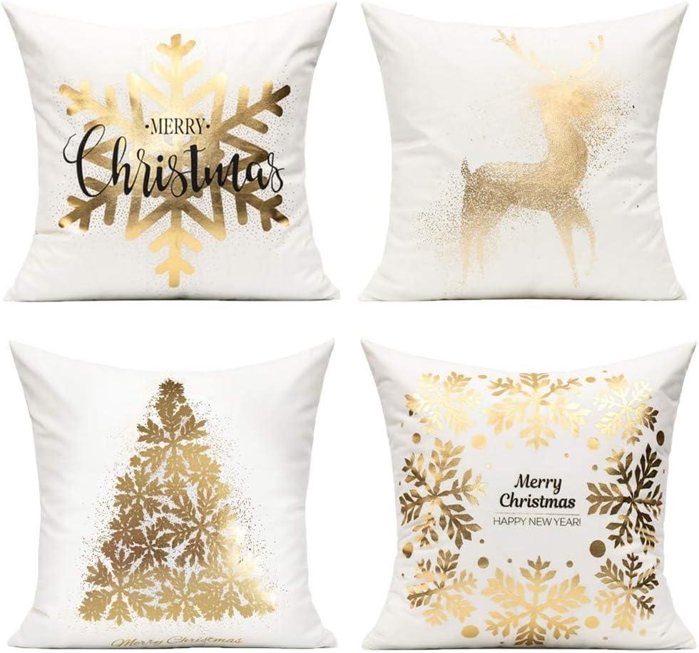All Smiles White Gold Christmas Decorations Throw Pillow Covers 20X20 Set of 4 Winter Xmas Navidad Home Holiday Dcor Velvet Cushion Cases for Sofa Tree Snowflake Reindeer