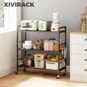 3-Tier Metal Storage Rack with Industrial Wheels,Mesh Shelving Unit with Wooden Table top,Adjustable Shelf,31.5-Inch Width, for Kitchen, Laundry,Pantry,Plant,Black