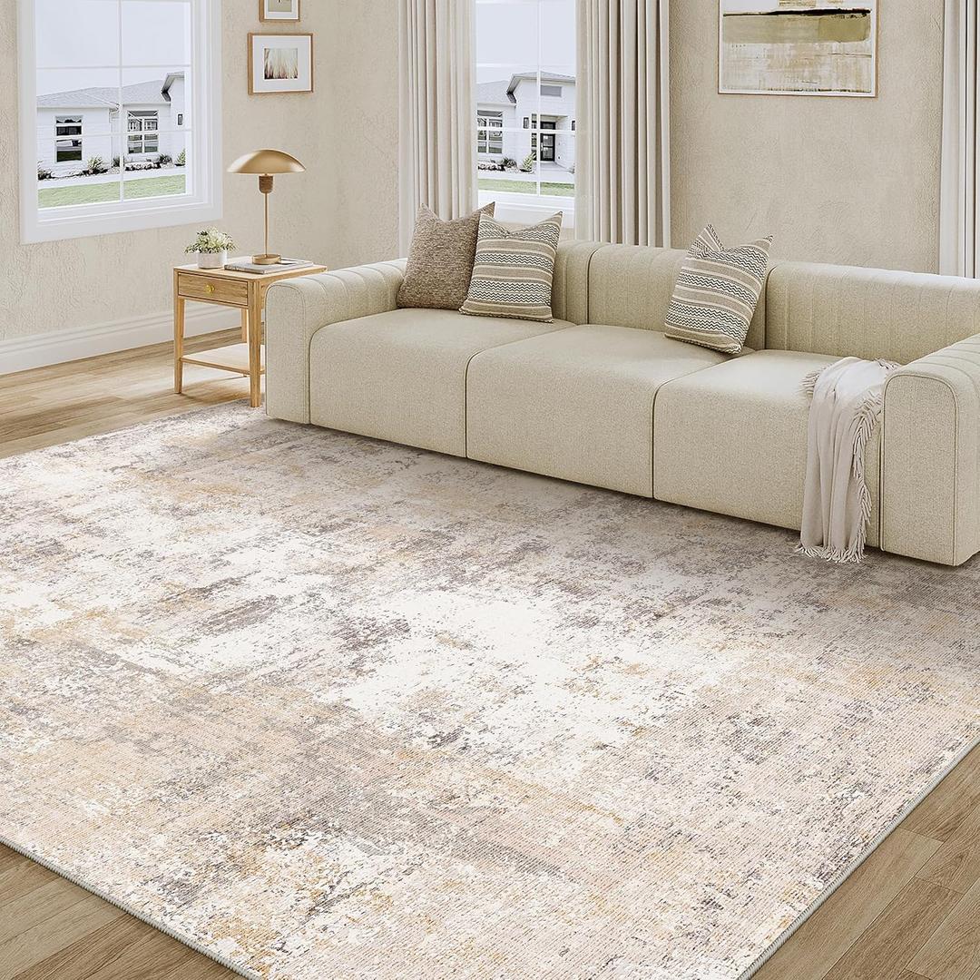 6x9 Washable Area Rug Beige Grey Abstract Non Slip Soft Medium Pile Rug for Living Room Bedroom Dining Room Office Neutral Modern Indoor Throw Carpet for Home Decor