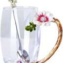 The Pure Embrace Flower Glass Tea/Coffee Cup, Gift for Mom, Birthday Gift for Women, Lead-Free Enamel Glass with Spoon (Large) (13 Ounces)