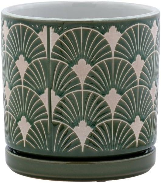 Napco Imports Decorative Home or Garden 8.75 x 5.5 Inch Indoor or Outdoor Flower Pot Planter with Saucer Green and Beige Scallop Design