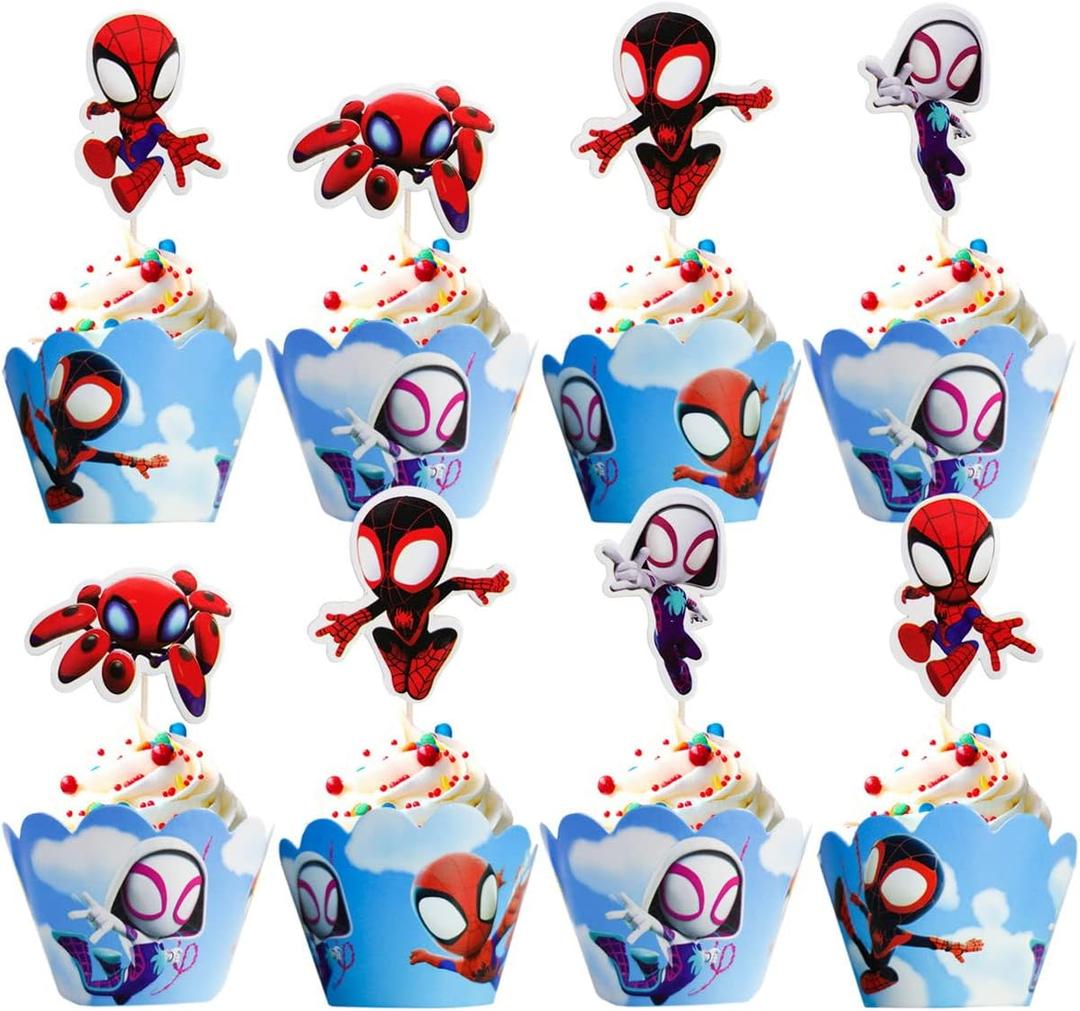 12pc Spidey and His Amazing Friends Cupcake Topper And Cupcake Wrapper, Birthday Party Cake Decorate Kids' Party Cake Decorate Supplies