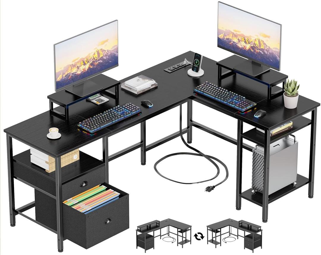 Furologee 59 L Shaped Desk with Power Outlet, Reversible Computer Desk with File Drawer & 2 Monitor Stands, Corner Home Office Table with Storage Shelves for Gaming Writing, Black