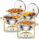 ROVSUN 6QT 4 Packs Chafing Dish Buffet Set Gold Accent, Round Stainless Steel Buffet Warmer Chafers and Warmers Sets with Glass Lid & Lid Holder for Catering Events Parties Weddings Dinners