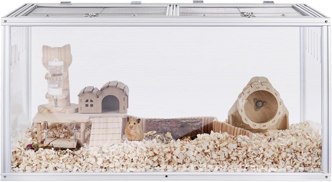 Large Hamster Cage, 40 x 20 x 20 in Chew-Proof Metal Frame, Clear Acrylic with Vent Holes, Hinged Top with Stainless-Steel Mesh  Hamster Enclosure