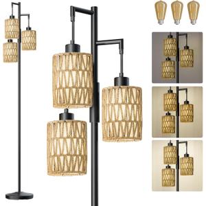 Oneach 70" Floor Lamps for Living Room, Stepless Dimmable Boho Floor Lamp with 3 Bulbs, Tall Farmhouse Industrial Corner Standing Tree Lamp for Bedroom, Office, Study Room, Rattan with Linen Shade