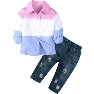 MYGBCPJS 3Pcs Boy Handsome Outfit Set Plaid Shirt + T-Shirt + Suspender Jean Sets (18-24 Months)