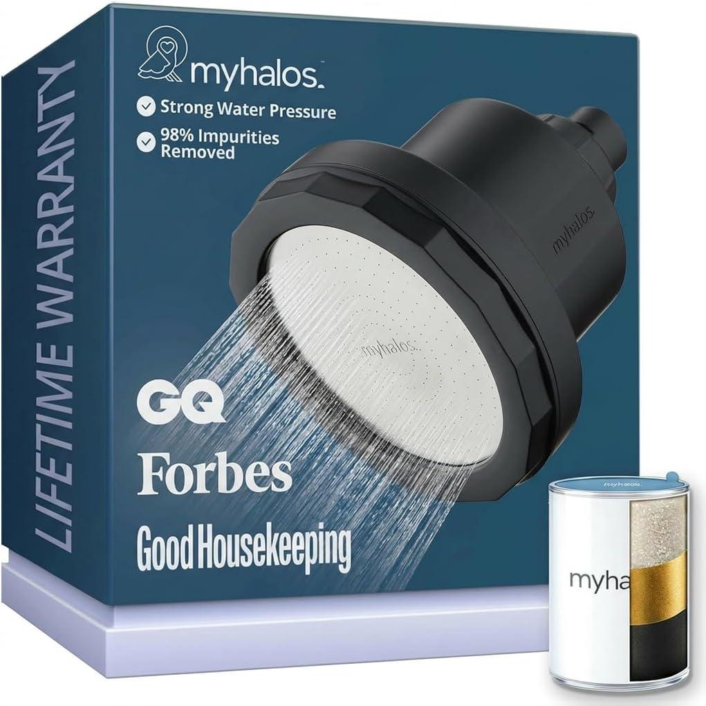 MyHalos Filtered Shower Head for Hard Water Filter - High Pressure, Removes Chlorine - Shower Head Filter for Hard Water Softener Showerhead, Easy Install, For Hair & Skin, Filtering (Black)