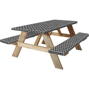 7ft Picnic Table and Bench Cover, Camping Essentials RV Gear, 84 in Waterproof Windproof Outdoor Elastic All Around Tablecloth, Fitted Rectangle Tables and Seats, Black-White Moroccan