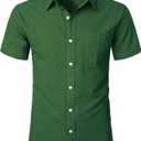 ZEROYAA Men's Fitted Cotton Like Linen Casual Short Sleeve Button Up Shirts Lightweight Beach Tops with Pocket, Size Small