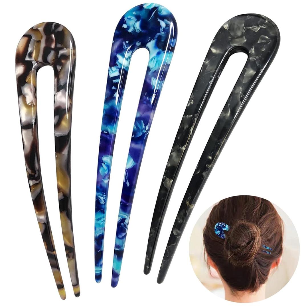 French Hair Forks Tortoise Shell U Shape Updo Hair Pins Clips for Thin Thick Hair, Long Classic 2 Prong Bun Hair Sticks Chignon Women Vintage Hairstyle Accessories, 3 Pack (Blue Brown Black)