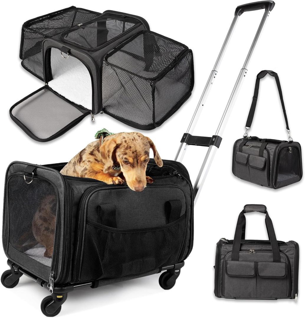 Pet Carrier with Wheels - United Delta American Frontier Airline Approved - Two Expandable Sides, Multiple Storage Pockets Adjustable Leash - Rolling Dog and Cat Carrier TSA Compliant (Charcoal)