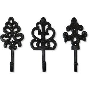 Wallcharmers Set of 3 Rustic Decorative Wall Hooks 8 | Victorian Shabby Chic Fleur De Lis Antique Towel Hooks for Hanging | Gothic Cast Iron Farmhouse Indoor Outdoor Key, Dog Leash, & Towel Hanger