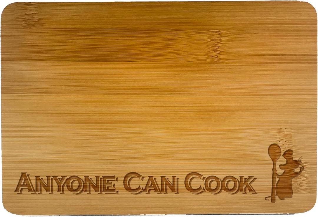 Anyone Can Cook" Funny Ratatouille Engraved Bamboo Cutting Board - wooden kitchen board accessory for food (9.75" by 6.75")