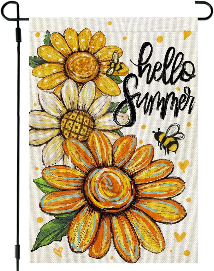 4 x CROWNED BEAUTY Hello Summer Garden Flag Sunflowers 12x18 Inch Double Sided Small Floral Seasonal Holiday Decoration for Outside Yard