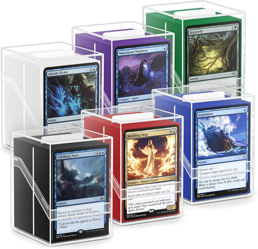 YSCare 6 Pack Card Deck Boxes, Clear Commander Deck Case with 600Pcs Card Sleeves and Dividers, Standard Size Cards Storage Box Perfect Fit for MTG, Sport, Trading Cards (6 colors)