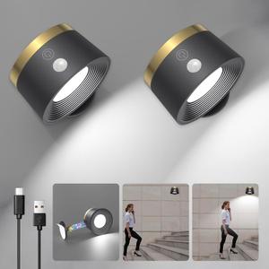Moobibear Motion Sensor Wall Light Indoor 2Pcs, 3500mAh Rechargeable Battery Operated LED Wall Light, Wall Lamp Wireless with 360 Rotation, 3 Color Temperatures for Bedroom, Study, Corridor, Picture