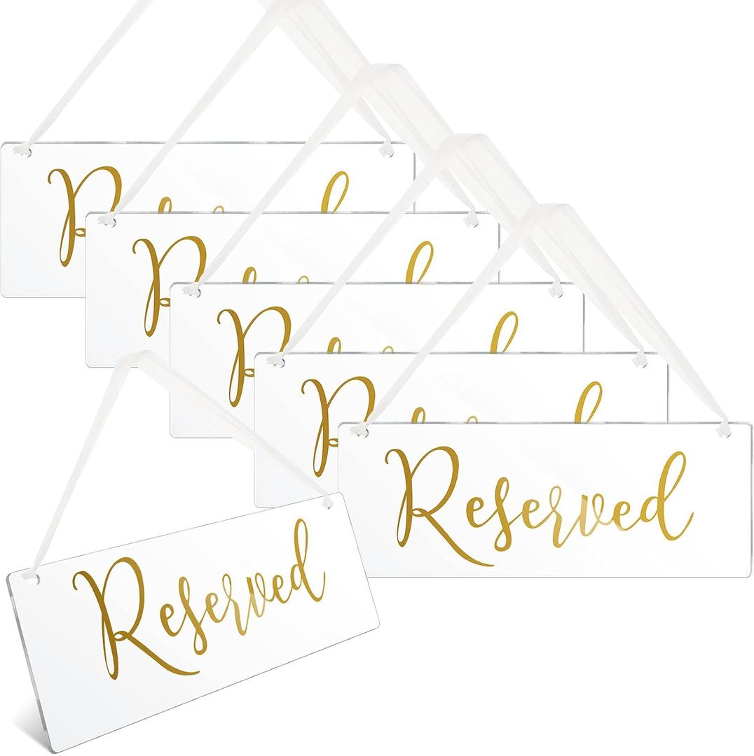 Blulu 6 Pcs Reserved Signs for Wedding Chairs Acrylic Tag Hanging with Ribbon for Wedding Reserved Signs for Important Events Church Pews Chair and Restaurant (Gold)