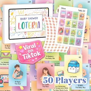WOODAMORE Baby Shower Games for Girls and Boys - Baby Shower Loteria Bilingual Activities for Kids Ideas, Funny Party Bingo Game Loteria Cards in Spanish and English for 50 Players