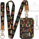 Piefly Plant Book Shelf Lanyard Wallet with ID Badge Holder, Floral Small RFID Wallet Women Keychain Wristlet, Slim Credit Card Holder with Zipper Pocket Phone Lanyard Wrist Strap Office Teacher Gift