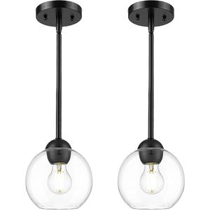 Emak 7 Inch Globe Pendant Light, Matte Black Pendant Light Fixtures with Clear Glass, 1-Light Hanging Lights for Kitchen, Bathroom, Bedroom, Hallway, 2 Pack, PL119-BK-2PK