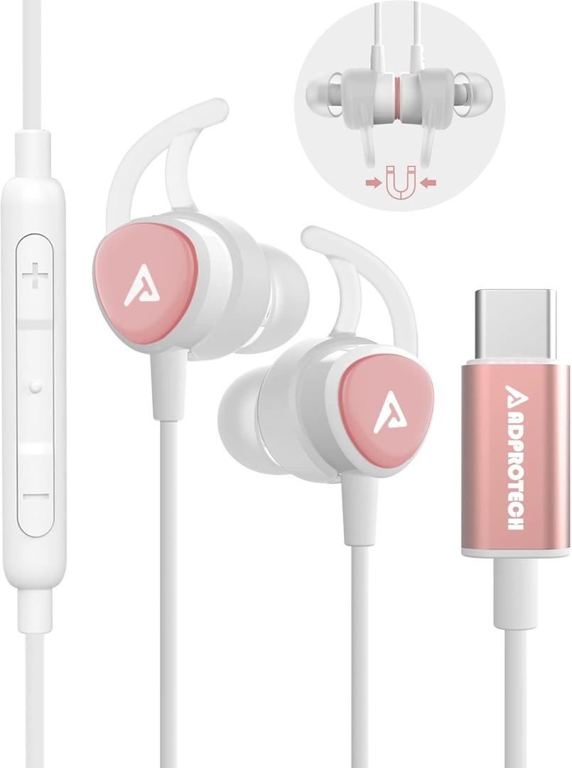 USB C Headphones, Type C Earbuds Magnetic Wired Earphones with Microphone and Volume Control Compatible with Google Pixel Xiaomi Samsung Oneplus Sony MacBook Rose Gold