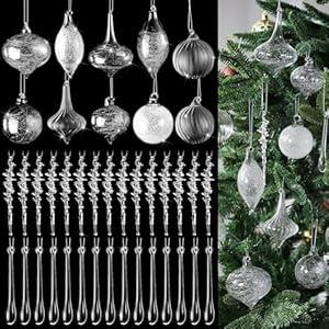 Thyle 40 Pcs Christmas Crystal Ornaments Clear Glass Christmas Ornaments Balls Blown Glass Hanging Decor Xmas Icicle Drop Crystal Decoration Gorgeous Xmas Tree Home Winter New Year Party Supplies Gift