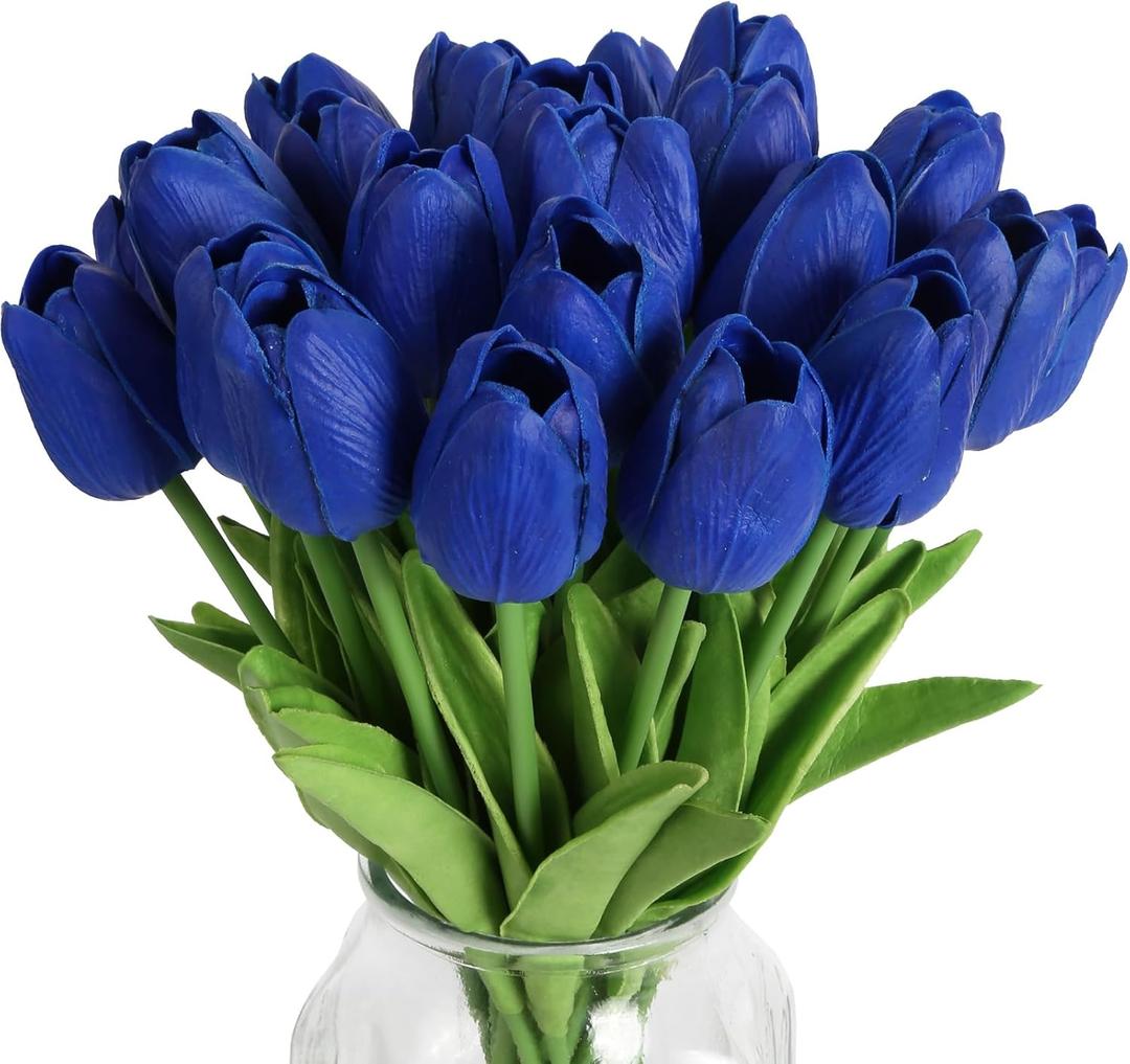 IPOPU 24 PCS Royal Blue Flowers Tulips Artificial Flowers Real Touch Blue Tulips Faux Flowers for Home Table Decor Wedding Bouquet Party Baby Shower Centerpieces Bridal Bouquet Decor (Blue)