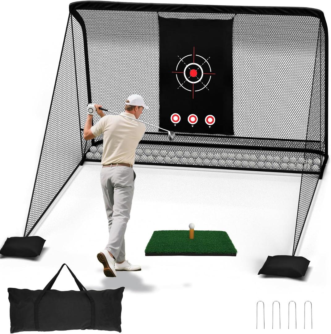 10x7ft Golf Hitting Practice Net for Real Golf Balls, Heavy Duty Driving Training Cage with Reinforced 7-Layer Mesh & Mat, Portable Backyard Net for Indoor Outdoor to Improve Your Swing