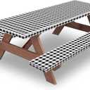 KENOBEE 8ft Picnic Table and Bench Cover, Camping Essentials RV Gear, 96 in Waterproof Windproof Outdoor Elastic All Around Tablecloth, Fitted Rectangle Tables and Seats, Black-White Checkered