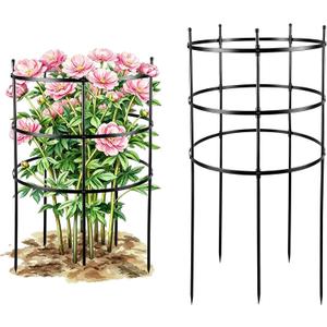 2 Set Titan Peony Plant Support Stakes Black Metal Peonies Cages 17.7" D x 35.4" H Tomato Cages Rings Sturdy Garden Plants Support Trellis for Climbing Plants