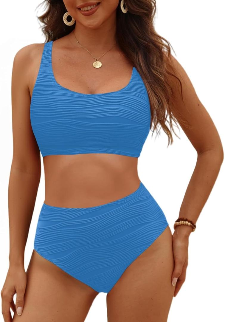 VIMPUNEC High Waisted Bikini Sets for Women Two Piece Tummy Control Swimsuits Sporty High Cut Bathing Suit (Medium, Royal Blue)