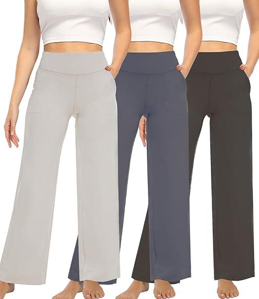 3 Pack Yoga Pants Women's Wide Leg Pants High Waist Elastic Sweatpants pants Lounge Pants with Pockets, M
