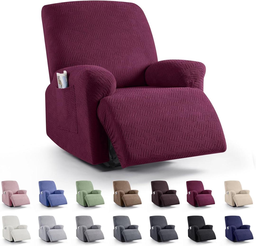 KinCam Recliner Covers, Stretch Reclining Chair Covers, Recliner Sofa Slipcovers Stripe Jacquard Recliner Couch Covers Furniture Protector Covers for Pet Kid (1 Seater, Burgundy)