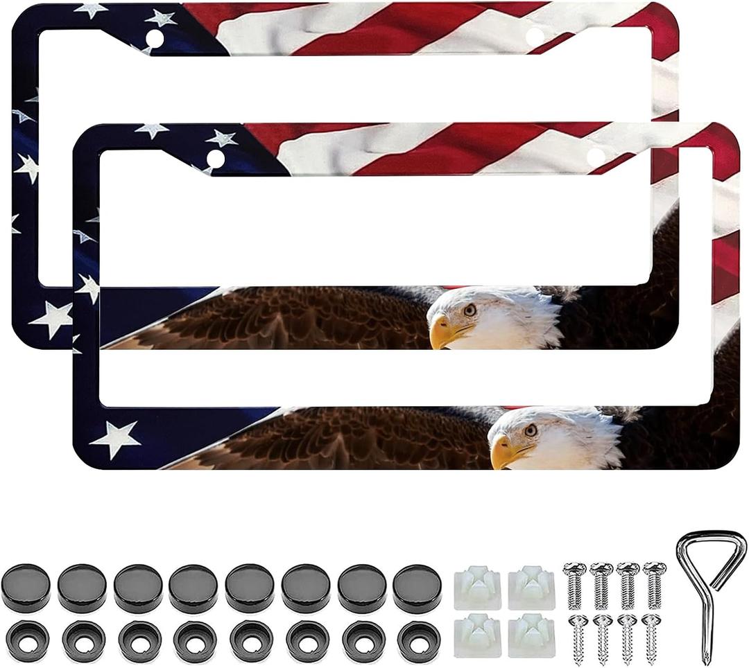 LIN KANG American Flag Eagle License Plate Frame Holder - 2 Pack Patriotic Universal Aluminum Matte Stripe US Flag Gloss Car Tag Frame Holder Accessory with Screws Fasteners Caps
