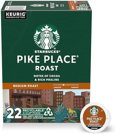 Starbucks K-Cup Coffee Pods, Pike Place Roast, 22 Count | 100% Arabica K-Cup pods for Keurig brewers; Pike Place Roast medium roast; 1 box, 22 pods Exp. 03/08/2027