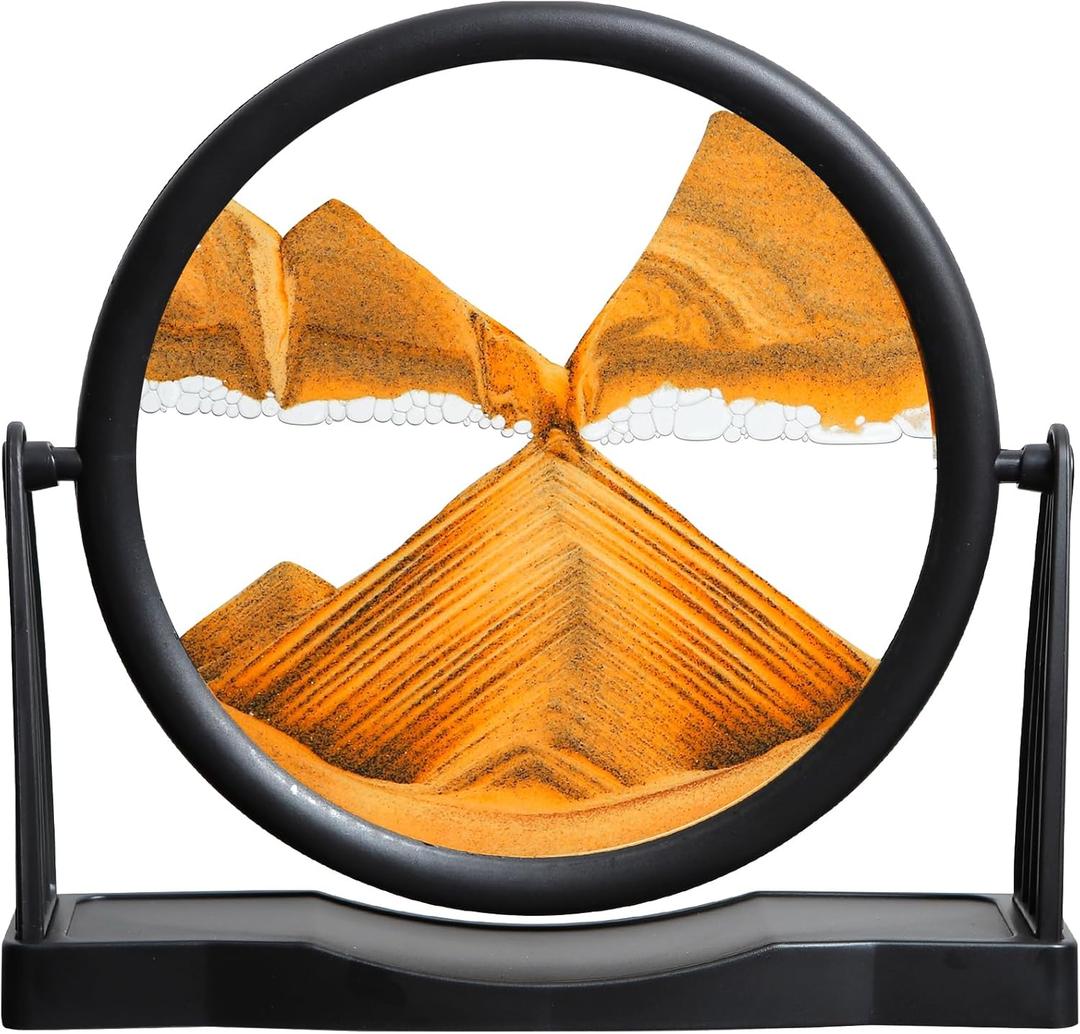 KPNUWN Moving Sand Art, Round Glass Quicksand Painting, Sand Art Liquid Motion Picture, 3D Hourglass Deep Sea Sandscape for Desktop Home Office Decor (8 Inch Orange)