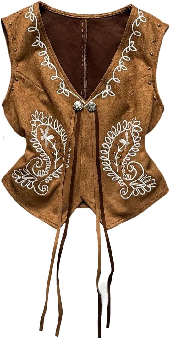 MakeMeChic Women's Faux Suede Tank Top Rivet Studded Paisley V Neck Embroidery Retro Cowgirl Vest Tops (Brown, XS)