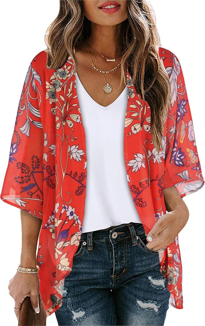 Women's Floral Print Puff Sleeve Kimono Cardigan Loose Cover Up Casual Blouse Tops (Large, Aa Boho Red) Women's Floral Print Puff Sleeve Kimono Cardigan Loose Cover Up Casual Blouse Tops (Large, Aa Boho Red)