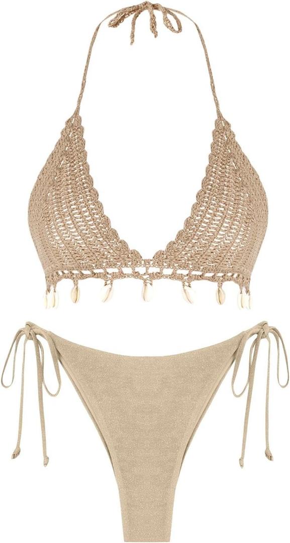 ZAFUL Women Bikini Set Boho Shell Tassel Crochet Tie Swimwear Halter Cheeky Swimsuit Bathing Suit (Medium, 0451-khaki)