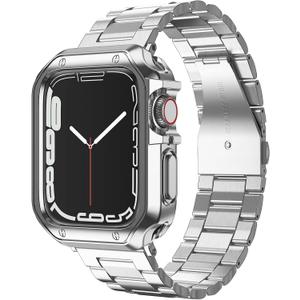 Compatible with Apple Watch Band and Case, Stainless Steel Metal Chain with Soft TPU Cover, Smart-Watch Link Bracelet Strap, Wrist-Band for i-Watch Series 9 8 7 6 5 4 3 2 1 SE, 45mm 44mm 42mm, Silver