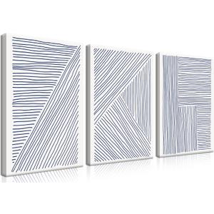 Abstract Wall Art Set of 3 - Modern Navy Blue Wall Decor Neutral Boho Lines Canvas Artwork Posters Prints Framed 1216 Inch for Living Room Bedroom Office Home Decoration