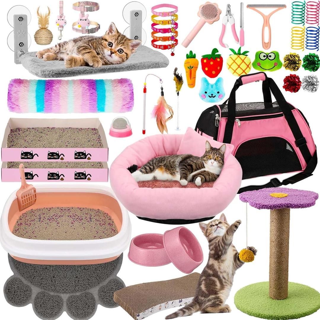 40 Pcs Kitten Starter Kit - Indoor Cat Supplies, Includes Litter Box, Toys, Collars, Bed, Scratch Pad, Nail File, Feed Bowls (Pink)