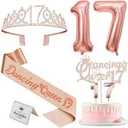 Dancing Queen Party Decorations 17 with Dancing Queen Sash and Tiara, Cake Topper and Candles, Number Balloons, 17th Birthday Decorations for Girls, 17 Year Old Gifts for Girls