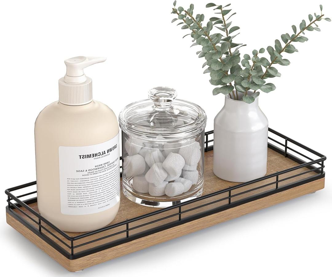 Bathroom Tray for Counter Top Organizer Acacia Wood Vanity Tray with Metal Frame for Dresser, Kitchen, Nightstand Black & Acacia Decorative Storage