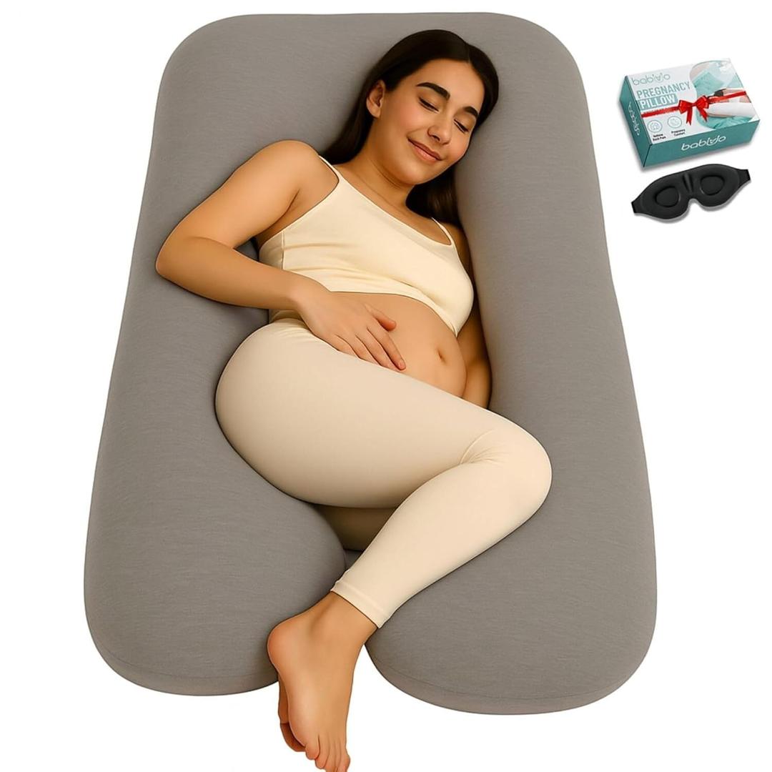 U-Shaped Pregnancy Pillow 100% Cotton Cover, Full Body Maternity Support for Belly, Back and Legs Bonus Eye Mask and Gift Box (Dark Grey)