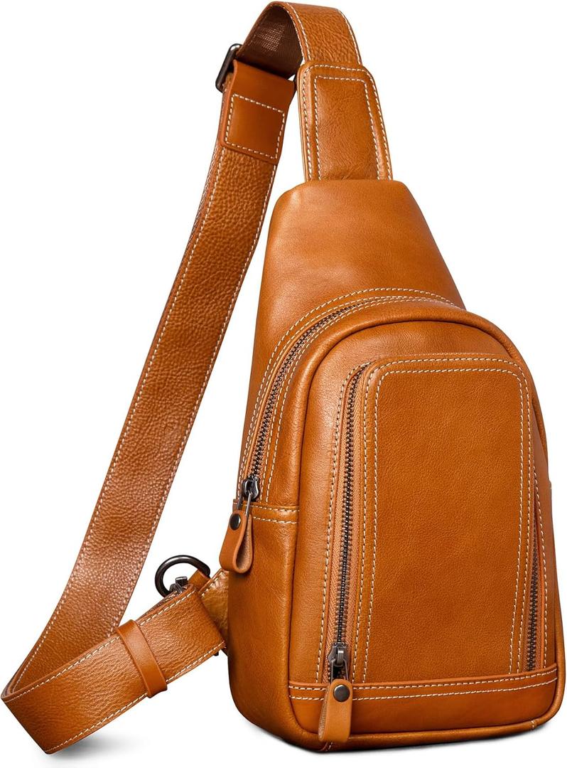 Genuine Leather Sling Bag for Men and Women Crossbody Shoulder Bag Sling Backpack Chest Purse Cross Body Pouch (Tan)